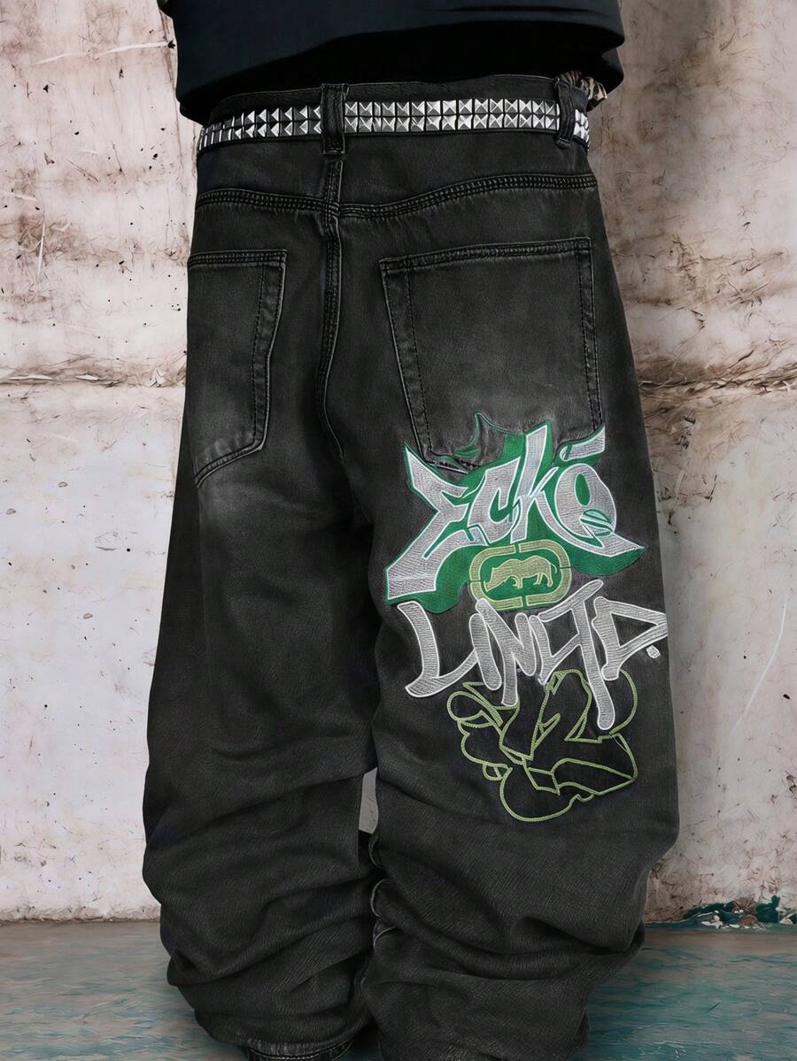 Skyrend Grunge Goth Y2K Style Men's Casual Embroidered Loose Wide-Leg Jeans, Versatile All-Season, Fashion Streetwear Personalized, Stage Performance