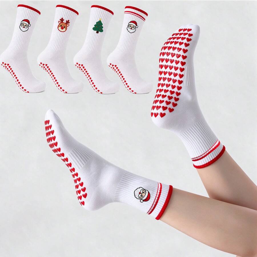 1/3 Pairs Christmas Anti-Slip Cotton Socks, Santa Claus Reindeer Christmas Tree Embroidered Socks, Suitable For Home, Yoga, Gifts - Red - View 1