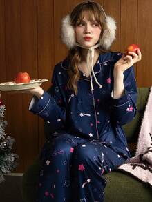 Gongdie 2 Pieces Women's Pajama Set,Fall Winter Blue Soft Star Prin Loungewear With Pink Contrast Piping And Pockets - Blue - View 1