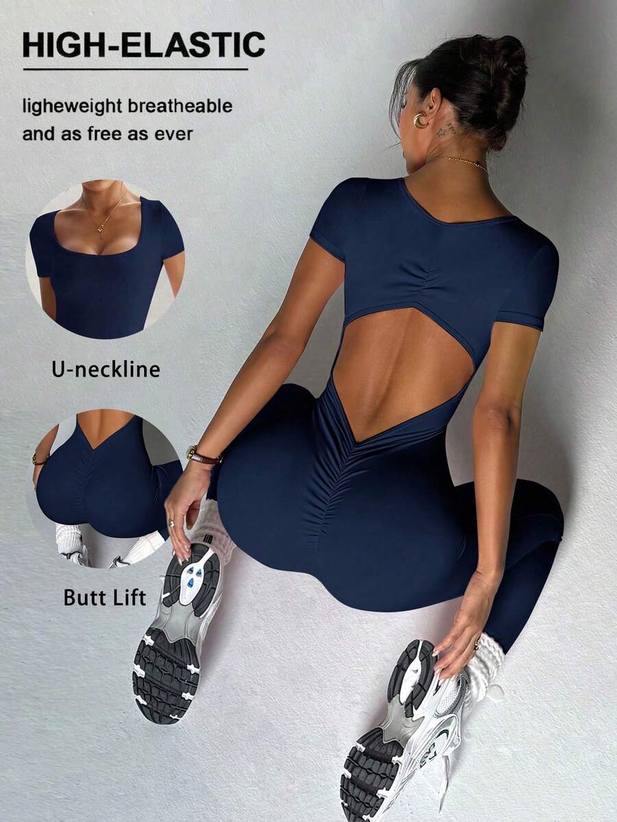 Bold Backless Design, Showcasing Toned Back, Slimming And Shaping, Defining Waistline, Sexy Backless Jumpsuit, Summer Sports Style - Navy Blue - View 1