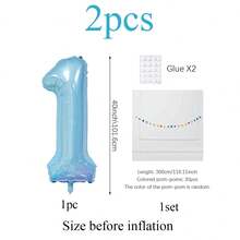 2pcs-40 Inch Blue Number Foil Balloons With Colorful Pom Poms, Suitable For Birthday Party Decoration, Birthday Celebration Decoration, Baby Shower Gift, Shower Party Supplies, Photo Props (Self-Adhesive Pom Poms, Random Color) - Multicolor - View 17