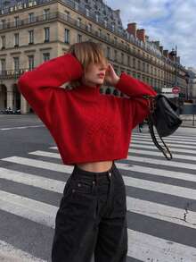 Women's Semi-High Neck Leaf Embroidery Knit Pullover Sweater, Dropped Shoulder Long Sleeve Short Fit Solid Color Embroidered Soft Textured Knit, Casual Holiday Elegant Date Outfit For Autumn/Winter - Red - View 6