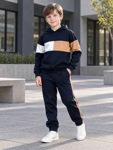 2pcs/Set Tween Boys' Spring/Autumn Color Block Hoodie Sweatshirt And Casual Pants Outfit, Stylish Sportswear - Royal Blue - View 1