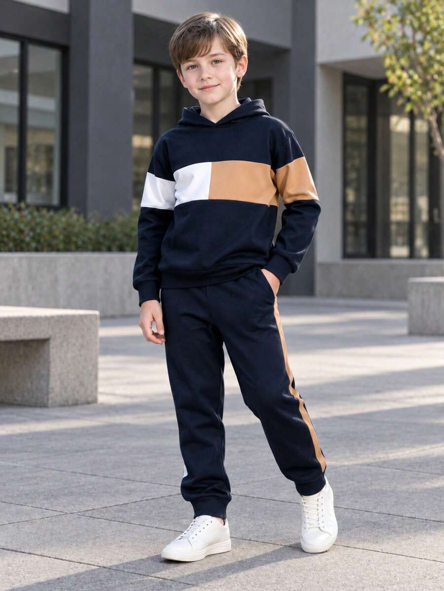2pcs/Set Tween Boys' Spring/Autumn Color Block Hoodie Sweatshirt And Casual Pants Outfit, Stylish Sportswear - Royal Blue - View 1