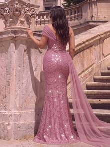Haute Glamour Plus Luxury One Shoulder Layered Tulle Beaded Evening Gown Formal Dress - Dusty Pink - View 3
