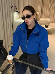Women's Minimalist Short Jacket, Autumn/Winter, Fashionable Stand Collar Woven Top, Digital Embroidery, Pleated Lantern Sleeve Design, Casual Everyday Versatile - Klein Blue - View 15