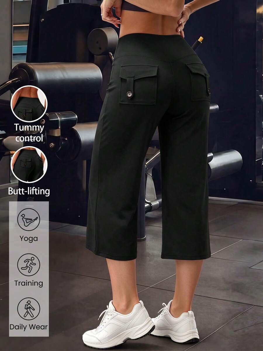 GLAMSKIN Fall Women High Waist Wide Leg Yoga Pants,Butt Lifting Workout Capri Pants With Back Pockets,Athletic Training Gym Leggings - Black - View 1