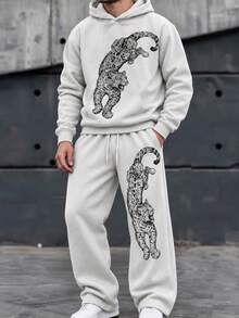 Zrgoth Men's Loose Hoodie + Wide Leg Sweatpants 2 Pieces Set, Large Leopard Animal Print Loose Street Casual Sporty Style Outfit - Grey - View 3