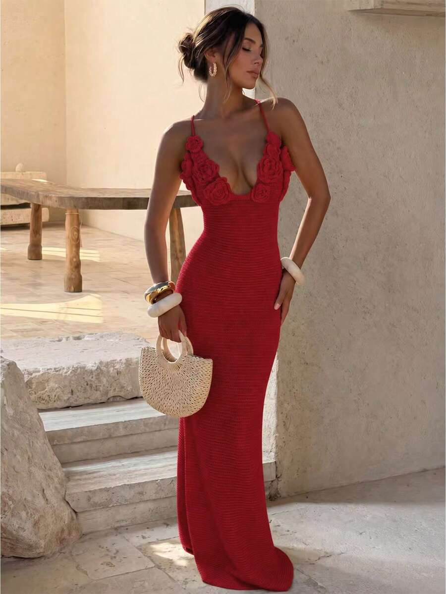 Women's White Sleeveless Long Knit Dress, 3D Rose Decor Semi-Sheer Back Slim Fit Dress, Suitable For Summer Beach Vacation