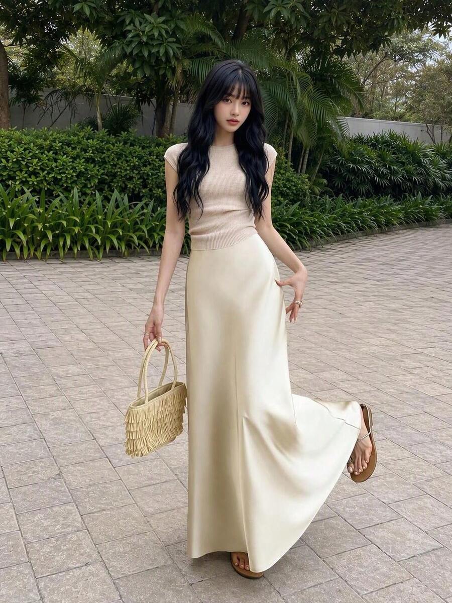 Rikumo 2024 Summer New High Waist Slimming French Retro Satin Peplum Fishtail Skirt For Women Casual Spring - Apricot - View 1