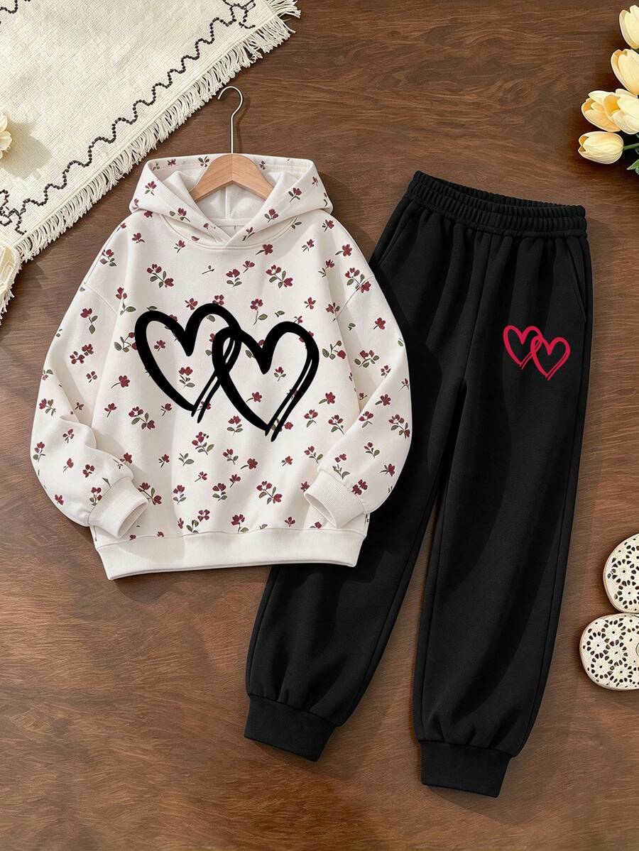 2pcs/Set Teen Girls Hoodie & Sweatpants Set, All-Over Heart Print With Minimalist Casual Sporty Pants, Comfortable Autumn/Winter New Outfit - Multicolor - View 1