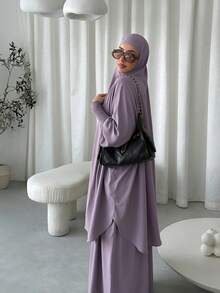 Solid Smocked Ruffle Cuff Khimar Abaya 2 Pieces Set, Loose Wide Sleeve Modest Jilbab Maxi Dress, Islamic Prayer Casual Outfit For Muslim Women - Multicolor - View 3