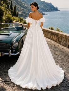 HEARBOBO Charming Long Wedding Dress, Off-Shoulder Design With Short Puff Sleeves, Embellished With Pearls And Embroidery, Creating The Ultimate Bridal Look - White - View 3