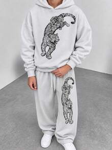 Zrgoth Men's Loose Hoodie + Wide Leg Sweatpants 2 Pieces Set, Large Leopard Animal Print Loose Street Casual Sporty Style Outfit - Grey - View 2