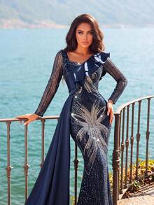 Stunning Formal Long Sleeve Square Neck Sequin Mermaid Evening Gown With Beaded Details And Fashionable Ruffle Trim, Suitable For Prom - Navy Blue - View 4
