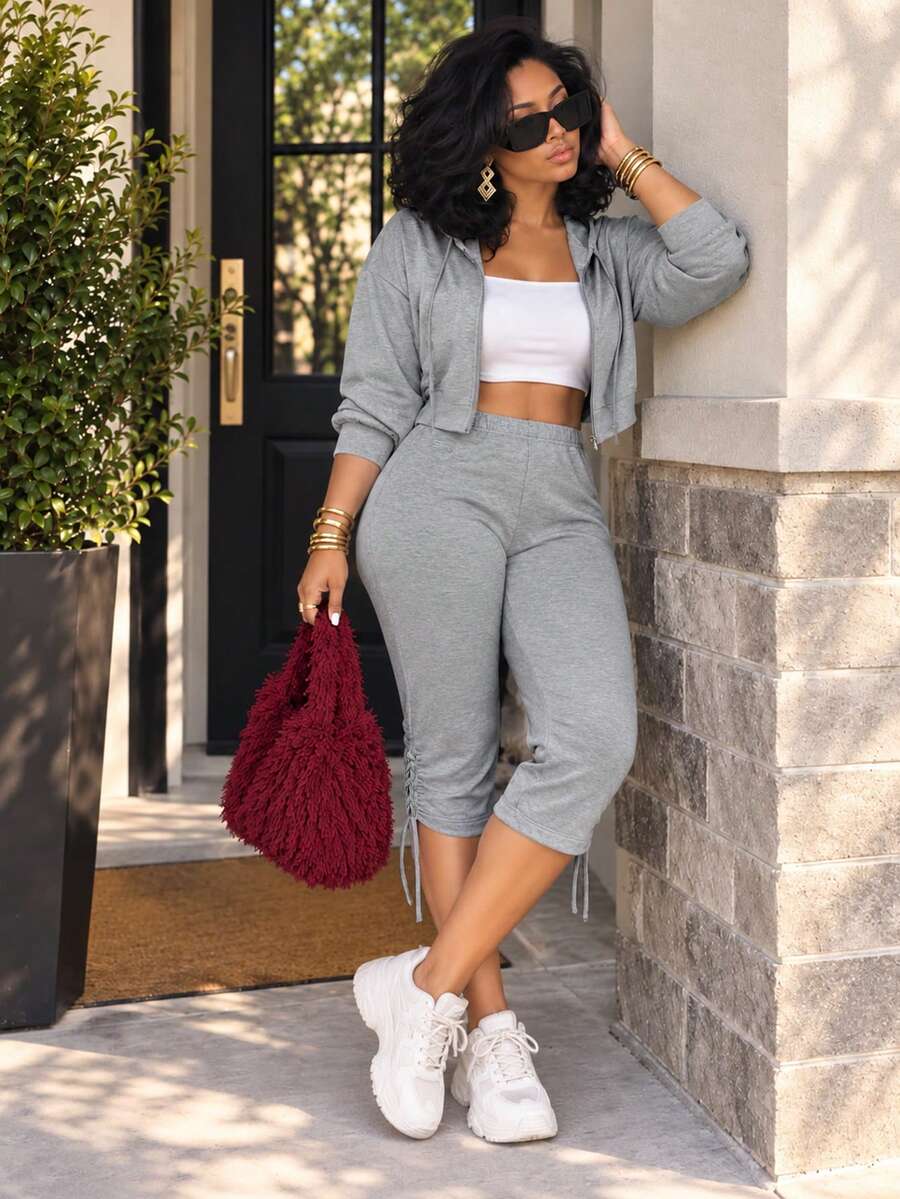 Women's Gray 2 Pieces Matching Set, Cropped Zip-Up Hoodie & Drawstring Hem Capri Pants, Casual Fall Outfit For Travel & Daily Wear - Grey - View 1