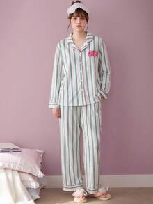Gongdie 2 Pieces Women's Pajama Set,Fall Winter Soft Green Striped Loungewear With Pink Contrast Piping And Pockets - Mint Green - View 3