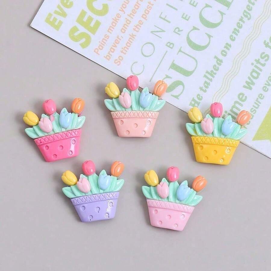 5pcs/10pcs Colorful Tulip Potted Plant Fridge Magnets, Kawaii Resin Flower Refrigerator Magnets, Fridge And Kitchen Decor Magnets, Perfect For Mother's Day And Teacher's Day Gifts - Multicolor - View 1