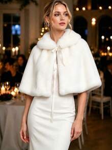Plus Size Women's White Fashion Bridal Wedding Party Performance Gathering Autumn/Winter Warm Fur Shawl - White - View 8