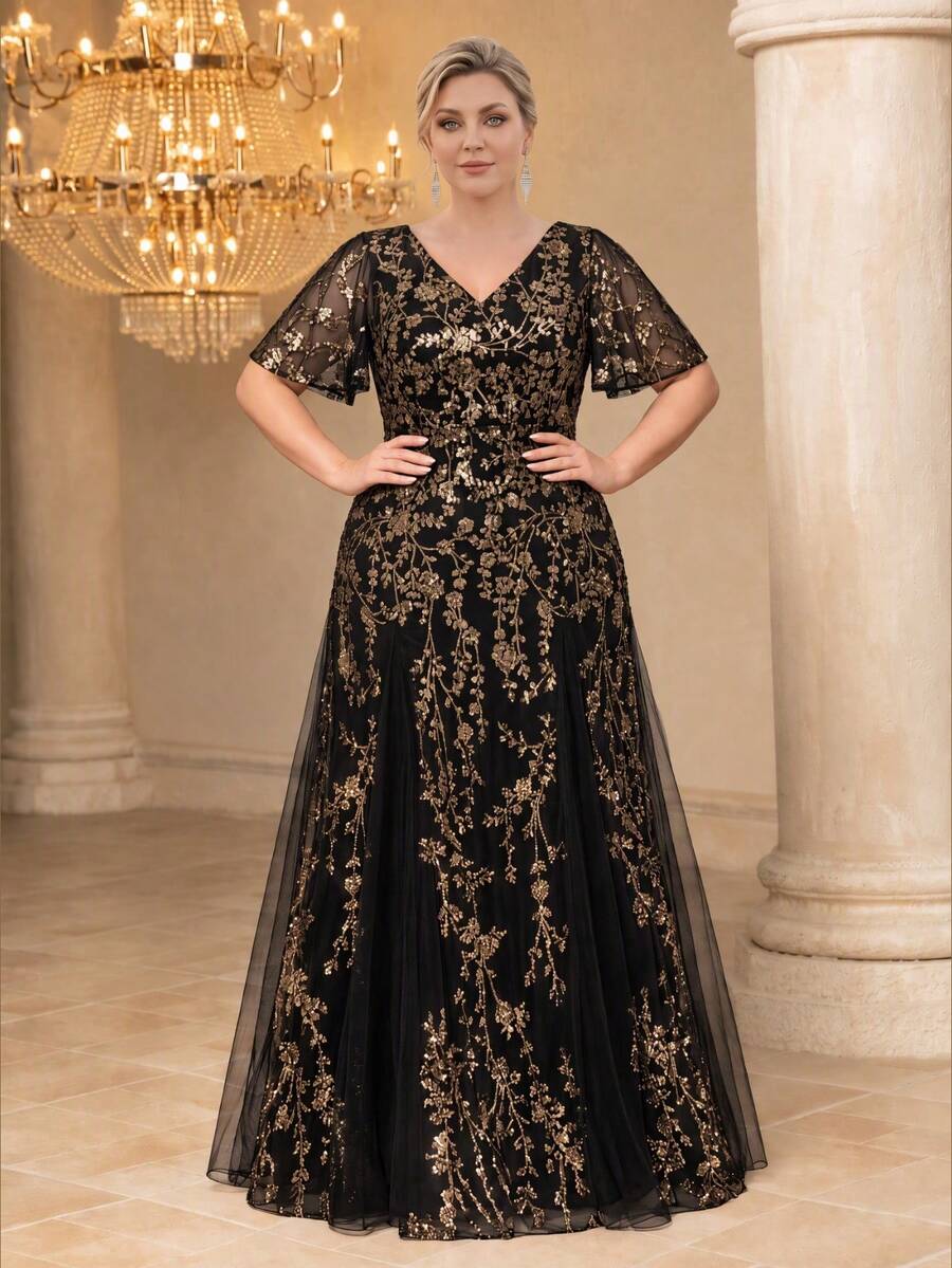 EVERPRETTY 大尺碼優雅奢華亮片花卉刺繡洋裝,黑金亮片正式晚宴新娘母親禮服,適合正式場合 - 彩色 - 查看 1