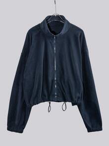 Chaqueta corta de mujer para otoño/invierno con cuello de forro polar, cremallera y cordón, estilo deportivo - Azul Marino - Ver 10