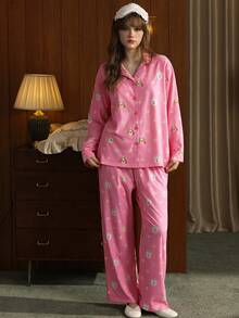 Gongdie 2 Pieces Women's Pajama Set,Fall Winter Pink Soft Puppy & Colorful Polka Dot Print Loungewear With Pockets - Pink - View 3