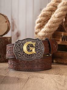 1pc Western Cowboy Style Belt With Embossed Letter Metal Buckle, PU Leather Embossed Belt, Unisex - Coffee Brown - View 37