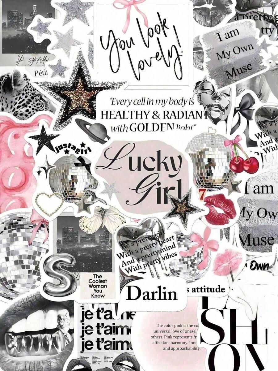 100pcs Silver Lucky Girl Stickers, Waterproof Cartoon Gift Decorative Stickers, Suitable For Scrapbooking, Notebooks, Laptops, Suitcases, Guitars, Water Bottles, Phone Cases, DIY - Multicolor - View 1