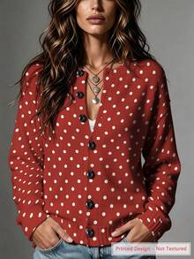 ASHKATIA Plus Size Women's Red Polka Dot Pattern Old Money Vintage Style Long Sleeve Cardigan Vacation - Multicolor - View 3