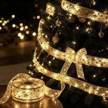1PC Gold Star Foil Ribbon LED String Lights Battery Operated(Not Included) Warm Hidden LED Beads Flexible Bendable Cozy Aesthetic Fairy Lights Decorative Light Strip For Christmas Tree Gift Party Wedding Thanksgiving New Year Bedroom Window Display - Warm - View 5