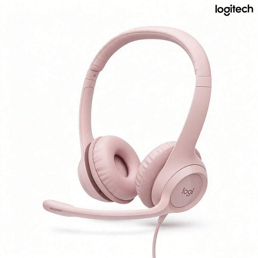Logitech H390 USB 耳機，配備降噪麥克風，有線立體聲耳機，可旋轉式麥克風桿，內置音量控制，舒適頭帶與透氣耳墊，適用於線上課程、通話與辦公 - 粉色 - 查看 1