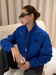 Women's Minimalist Short Jacket, Autumn/Winter, Fashionable Stand Collar Woven Top, Digital Embroidery, Pleated Lantern Sleeve Design, Casual Everyday Versatile - Klein Blue - View 16