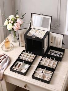 6-Layer/5-Layer Jewelry Storage Box With 5 Drawers, Large Capacity, With Mirror, Lockable, Jewelry Organizer Box, Gift For Loved Ones, Suitable For Earrings, Rings, Necklaces, Watches, White, Black - Multicolor - View 13