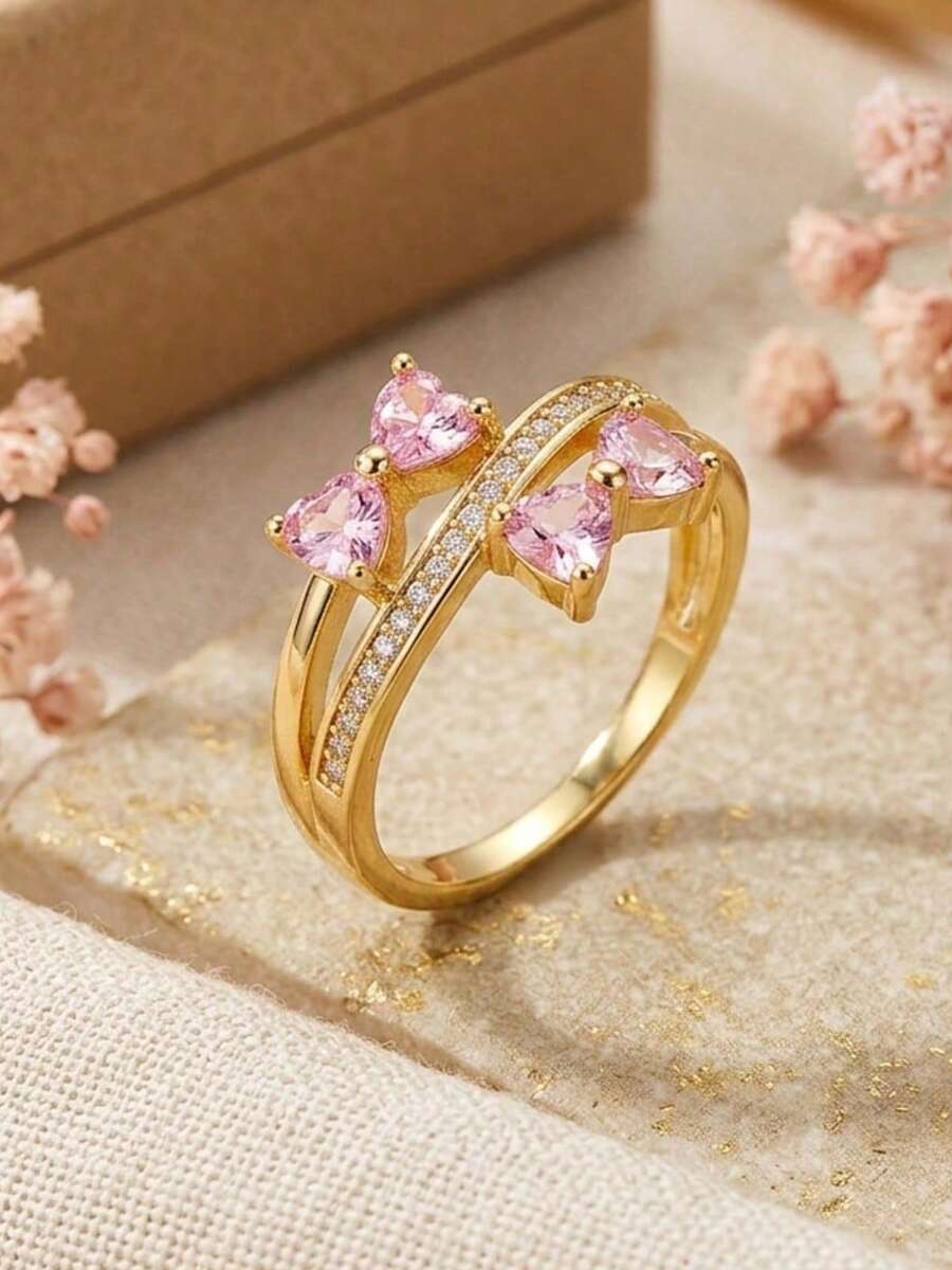 1件甜美浪漫粉色鋯石雙蝴蝶結戒指，女款西式珠寶飾品，適合萬聖節、聖誕節、感恩節，送給女性的禮物 - 金色 - 查看 1
