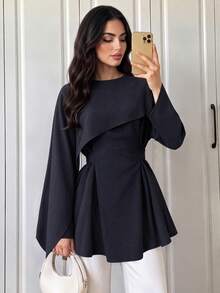 Women's Spring/Autumn Navy Blue Tie Waist Top, Denim Effect Effect Asymmetric Overlay Design, Elegant Minimalist Commute Daily Wear - Dark Blue - View 1