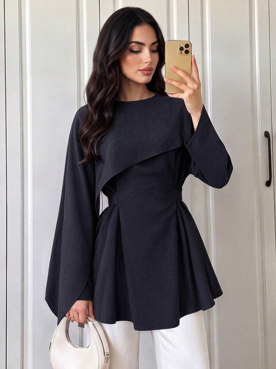 Women's Spring/Autumn Navy Blue Tie Waist Top, Denim Effect Effect Asymmetric Overlay Design, Elegant Minimalist Commute Daily Wear - Dark Blue - View 1
