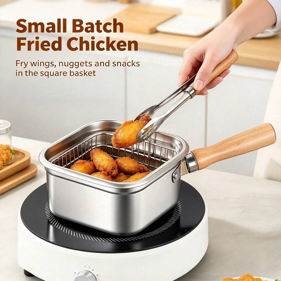 Stainless Steel Square Deep Fryer With Clip, Multi-Functional Tempura Fryer, Universal Stove Compatible, Heavy Duty Non-Stick Cooking Pot, Ideal For Home And Outdoor Use, Frying, Stewing And Serving, Kitchen Essential
