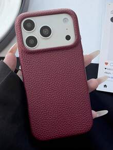 Luxury Solid Color Litchi Leather Texture TPU Soft Phone Case, Suitable Compatible With Iphone 18 17 16 15 14 13 12 Pro Max 16 15 14 Plus 11, Shockproof Back Cover Protective Shell - Cherry Red - View 4