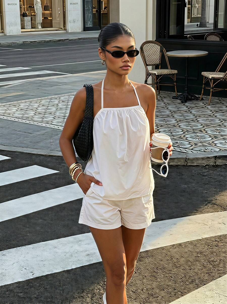 Buzzelle Women's Solid Color Halter Neck Tank Top And Shorts Casual 2-Piece Set White Summer Elegant - White - View 1