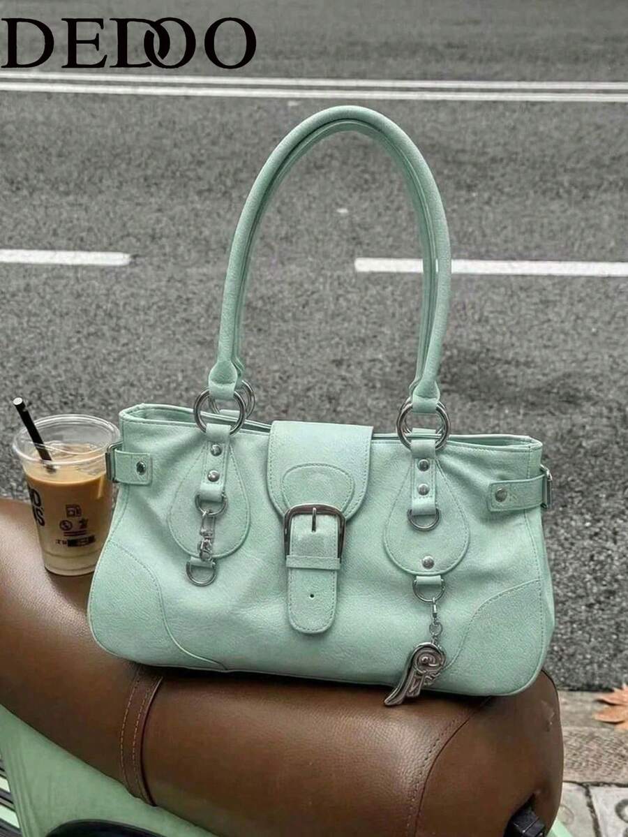Dedoo 2026 New Y2K Fashion Large Capacity American Retro Versatile Motorcycle Style Shoulder Underarm Bag Handbag (Accessories Not Included) - Green - View 1