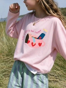 Big Girls Crew Neck Long Sleeve T-Shirt, "Just A Girl & Her Coffee" Cute Cartoon Graphic Print Casual Basic T-Shirt - Pink - View 1