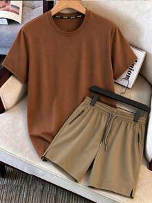 Summer Men's Solid Color Short Sleeve T-Shirt + Solid Color Shorts 2-Piece Set Casual Sports Outfit With Zipper Pocket + Drawstring - Multicolor - View 3