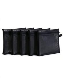 5 Pcs Black Mesh Cosmetic Bag Set, Zipper Makeup Pouch, Portable Semi-Transparent Mesh Storage Organizer Bag For Travel, Cosmetics, Cables And Small Accessories - Black - View 7
