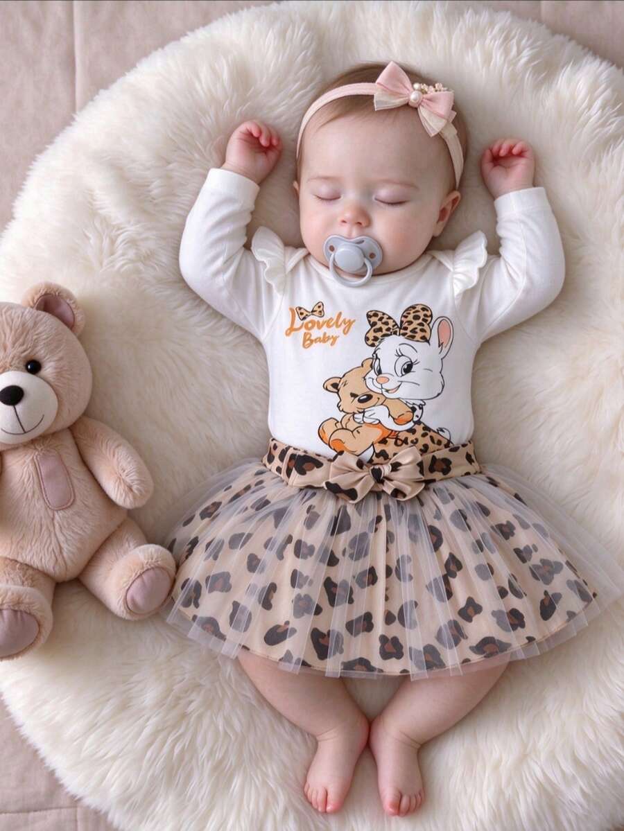 2pcs/Set Toddler Girl Cute Leopard Print Rabbit, Ruffle Sleeve Romper ...