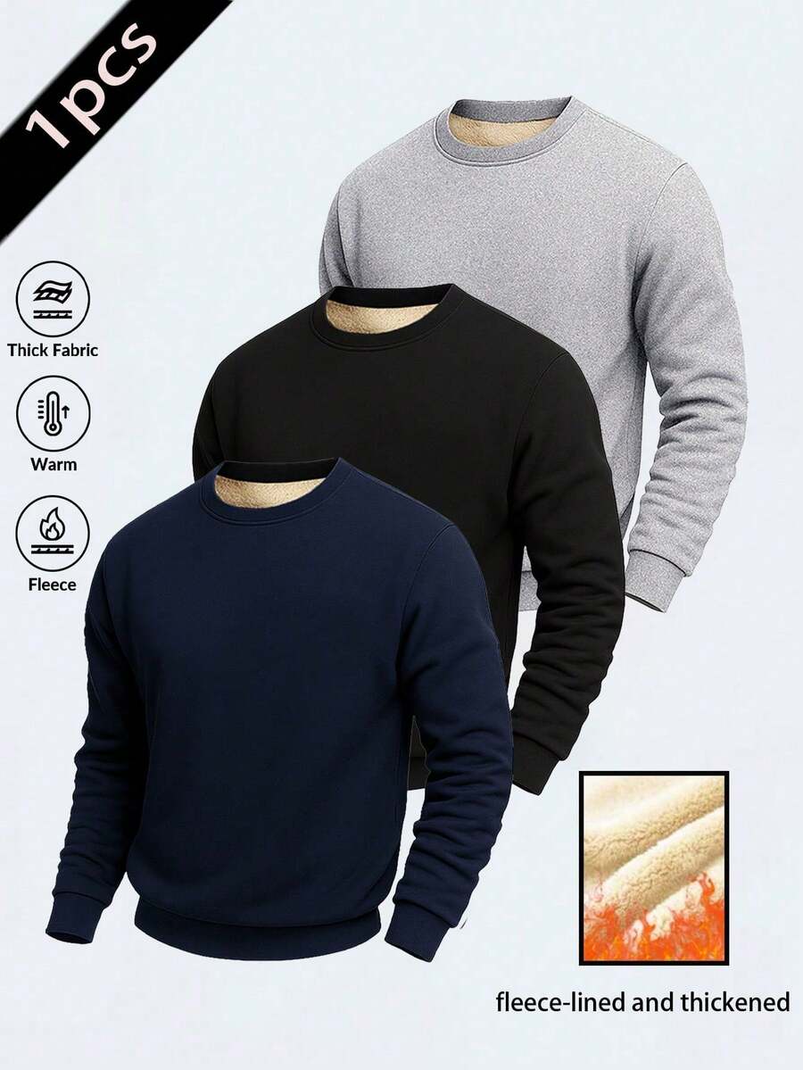 Men's Autumn/Winter Casual Fashion Slim Fit Thermal Lined Thick Warm Crew Neck Sweatshirt - Blue - View 1