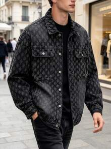 Men's Printed Denim Jacket, Loose Oversized Textured Collar Denim Coat - Black - View 9