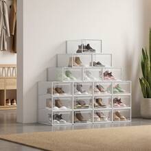 SONGMICS Plastic Shoe Boxes, Set Of 18 Storage Organizers, Foldable And Stackable Plastic Shoe Box For Sneakers Up To Size 44, Transparent And White, MLSP18SWT - Clear - View 5