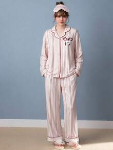 Gongdie 2 Pieces Women's Pajama Set,Fall Winter Pink Striped Soft Loungewear With Red Contrast Piping And Pockets - Baby Pink - View 8