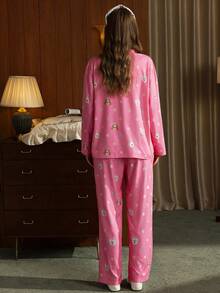 Gongdie 2 Pieces Women's Pajama Set,Fall Winter Pink Soft Puppy & Colorful Polka Dot Print Loungewear With Pockets - Pink - View 5