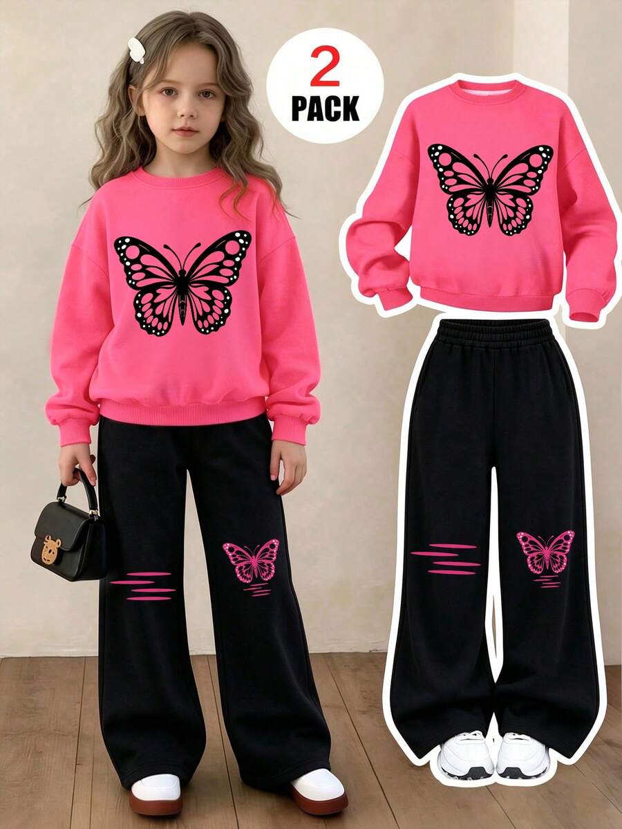 2pcs/Set Teen Girls Outfit, Round Neck Butterfly Print Sweatshirt With Minimalist Casual Wide Leg Pants, New Autumn/Winter Fashion Daily Girls Set - Hot Pink - View 1